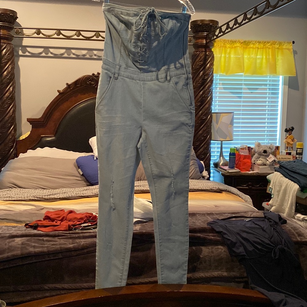 Gently worn. jean denim strapless jumpsuit